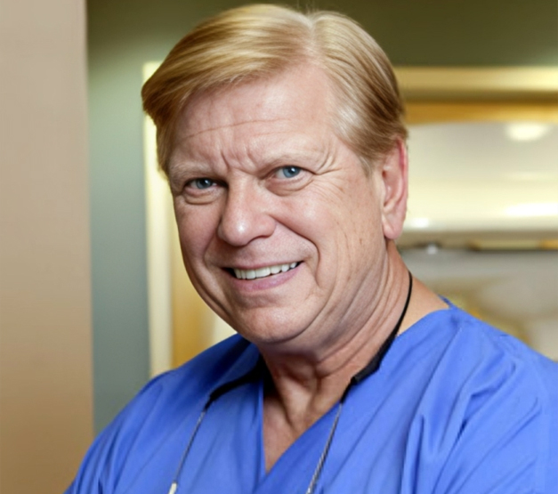 Man in blue medical scrubs smiling at camera in clinical hallway setting.
