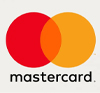 Mastercard logo featuring overlapping red and orange circles with black text below.