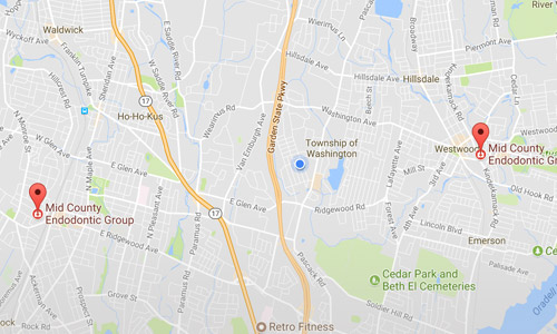 Map showing Mid County Endodontic Group locations in Washington Township area with street names and landmarks.