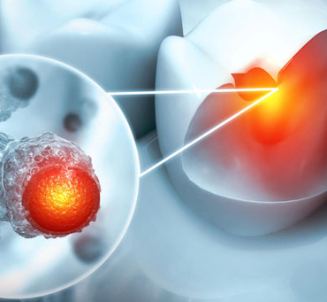 Glowing cancer cells dividing with red nuclei highlighted in scientific illustration of cellular division.